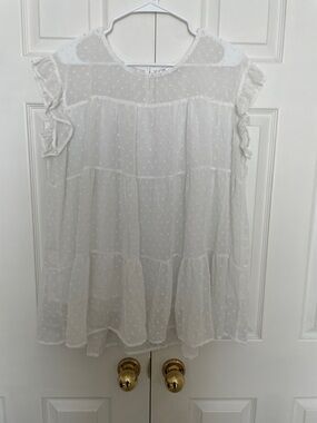 White Swiss Dot Ruffle Sleeve Blouse - Women